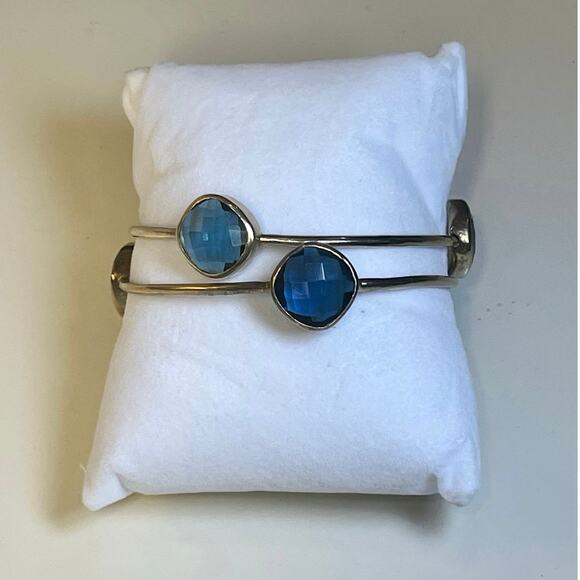 Julie Vos Gold Bangles Set of 3 Blue Stone Stackable Bracelets Boho Layered - Picture 4 of 11
